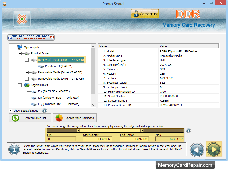 Memory Card Data Repair Software Screenshots shows how to recover lost data